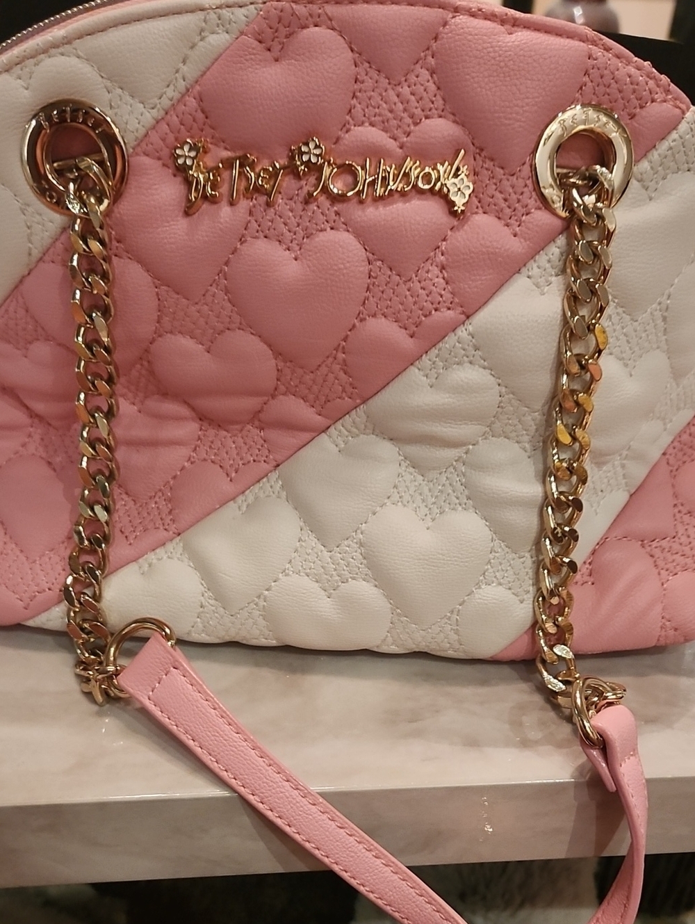 Betty Johnson Pink and White Heart-Quilted Shoulder Purse